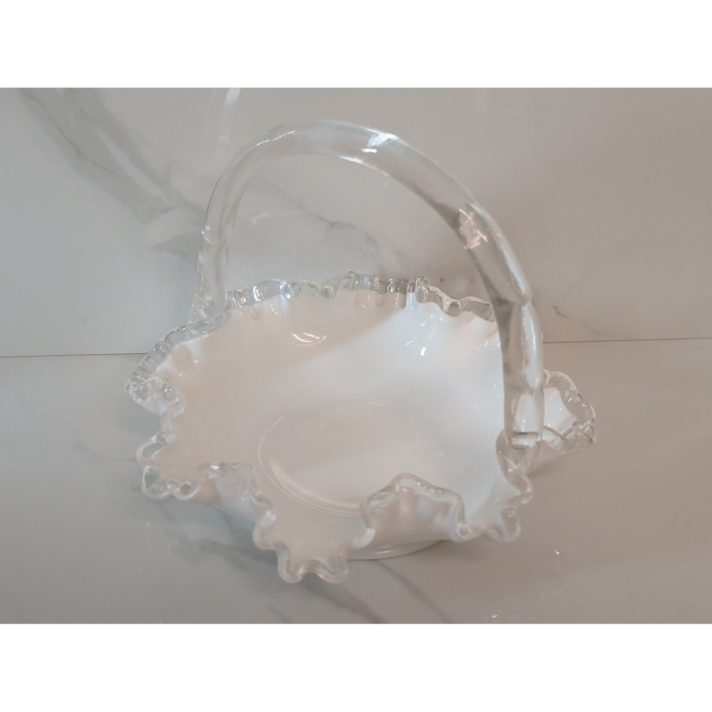 Fenton Milk Glass Basket White Silver Crest Ruffled Edge Clear Bamboo Handle